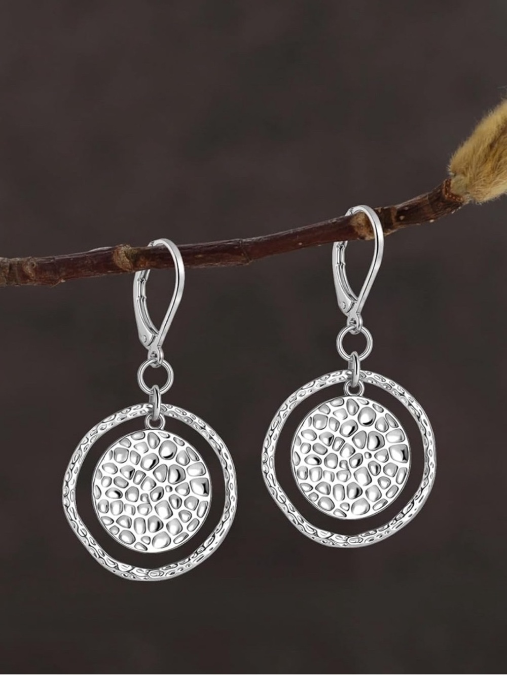 Hammered 925 Sterling Silver Circle Earrings Dangle Hypoallergenic Leverback